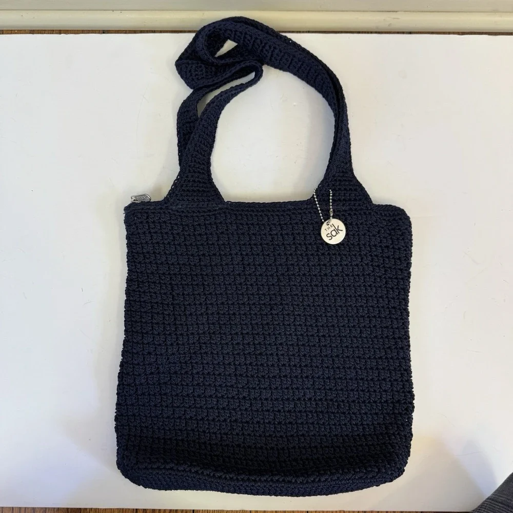 THE SAK Crochet Navy Blue Hobo Shoulder Bag Purse Beachy Boho Vacation Summer